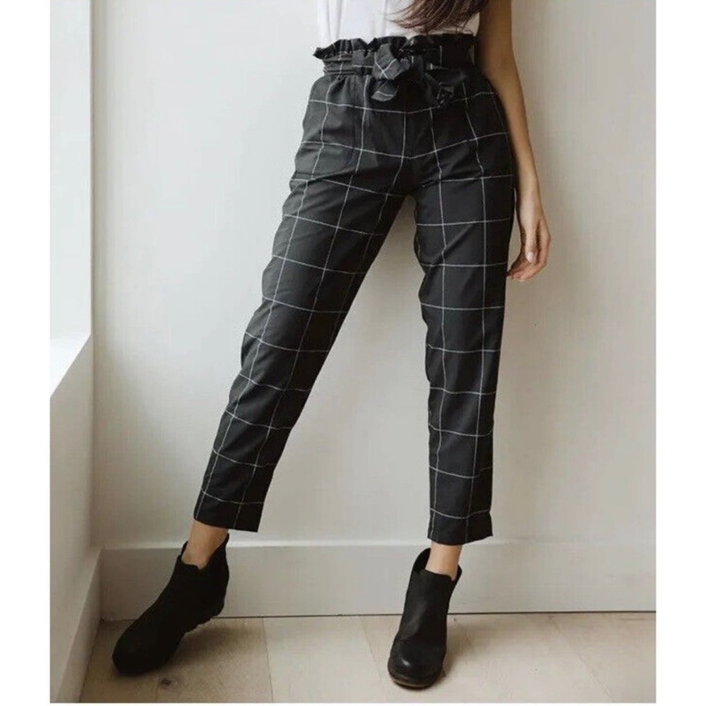 Albion Windowpane Bow Belt Capri Pant Black White Check Paperbag Waist